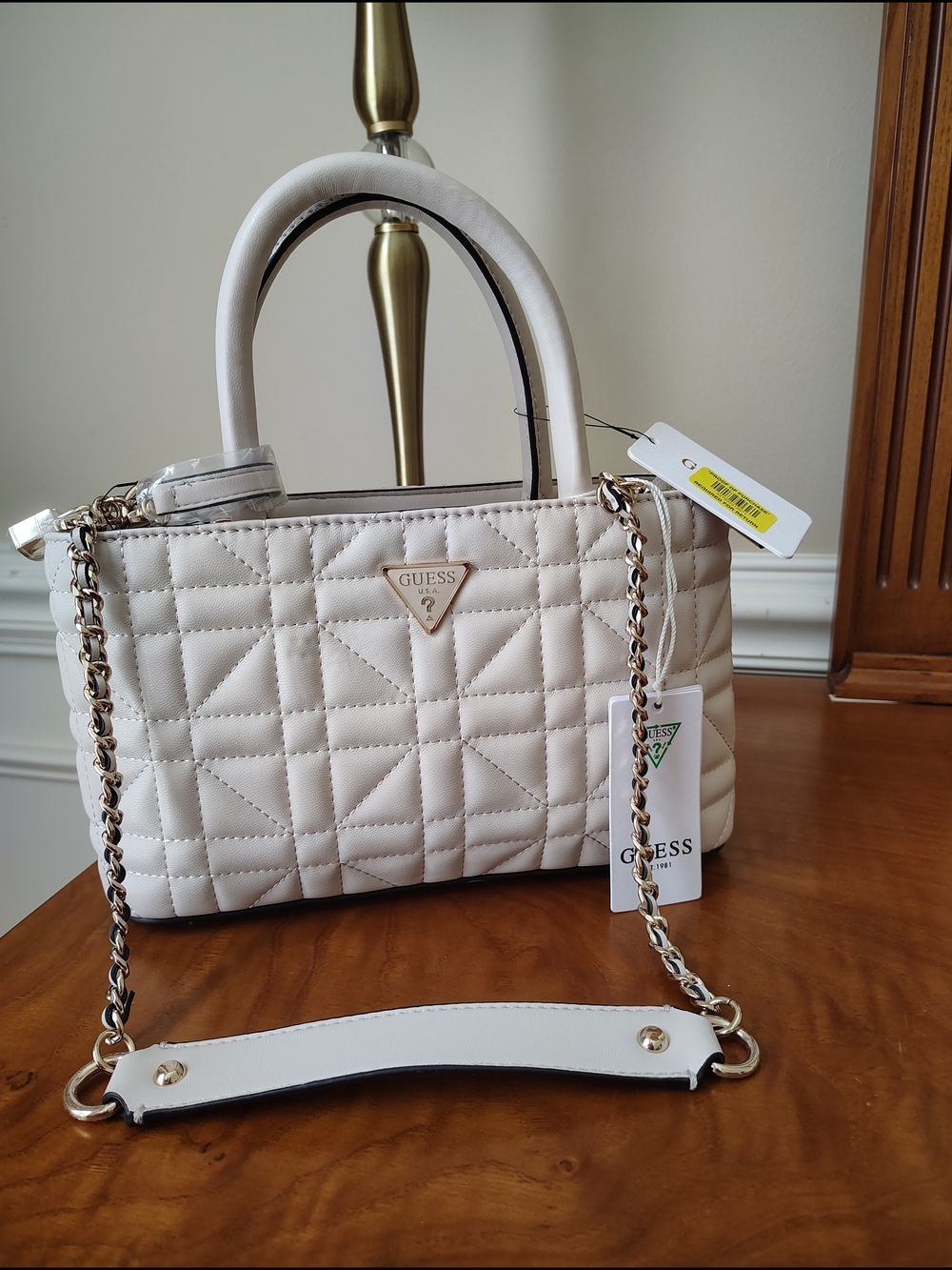 GUESS Quilted Cream Satchel Handbag with Chain Strap
